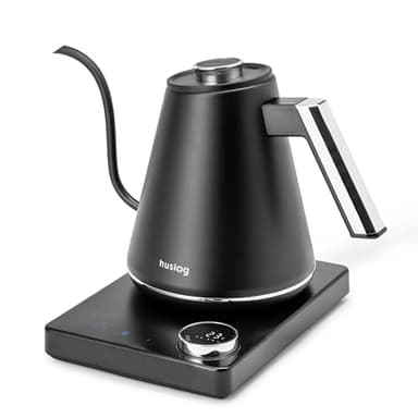 huslog Bollitore elettrico 1L con regolazione della temperatura 40-100°C, collo di cigno, display LED, funzione di mantenimento al caldo, 1100 W, acciaio inossidabile 304, nero argento, base con
