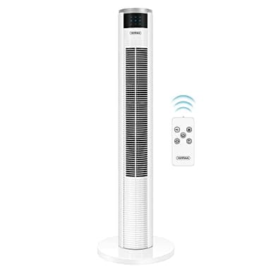 VonHaus 87cm Ventilatore a Torre Bianco, Ventilatore con Telecomando per Camere da Letto, 60W Ventilatore a Colonna- 3 Velocità, Oscillazione a 70°, Timer di 7 ore, Display a LED e Vassoio per Aromi