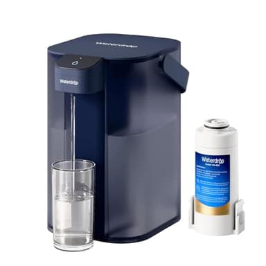 Waterdrop Caraffa filtrante elettrica istantanea con filtro per 3 mesi, sistema di filtraggio dell'acqua da banco da 3,5 l, riduce cloro, piombo, mercurio, riduce PFAS, PFOA/PFOS, 757 litri, blu (non