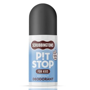 Scrubbingtons Pit Stop - Deodorante per bambini da 75 ml, ad asciugatura rapida, profumo di cocco magicamente naturale, alluminio e senza alcool, per bambini piccoli.