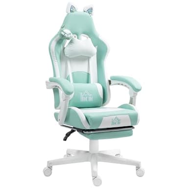 HOMCOM Sedia Gaming Ergonomica con Orecchie da Gatto, Poltrona Gaming Ufficio Reclinabile in Finta Pelle con Poggiapiedi, Poggiatesta e Altezza Regolabile, Supporto Lombare e Cervicale, Azzurro