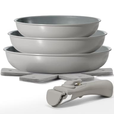 Set Padelle Antiaderenti, maniglia rimovibile, set da 3 padelle da 20, 24 e 28 cm con Rivestimento in Ceramica, senza PFAS, adatto a tutti i tipi di piani cottura, Adatto al forno e alla lavastoviglie