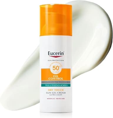 Eucerin Oil Control Dry Touch Face Sun Gel-Creme SPF50+ 50 ml, Crema solare viso 50+ opacizzante, Protezione solare viso 50+ senza profumo, Texture ultra leggera per pelle grassa, acneica e sensibile