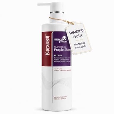 Karseell MACA CARE SYSTEM Shampoo Viola Antigiallo Professionale Capelli Biondi Platino Grigi Decolorati Neutralizza Riflessi Gialli Idratante Riparatore Nutriente Brillantezza Morbidezza 500ml