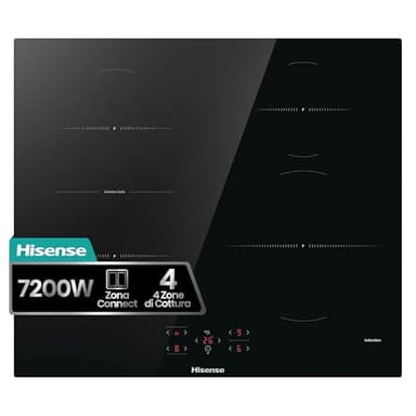 Hisense HI621FM Piano Cottura a Induzione 60 cm, 4 Zone con Connect Zone, Power Boost, 7200W, Touch Control, Timer e Indicatore Calore Residuo, Vetroceramica Nero