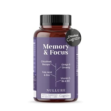 Nullure Nootropico | con Citicolina 250 mg COGNIZIN® | Integratore Memoria e Concentrazione | Testato da terzi | Vegano e Senza Additivi | con Ginkgo Biloba | 60 caps (1 mese) | Prodotto a Barcellona