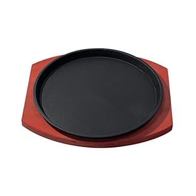 perfk Piatto da Bistecca in Ghisa con Base in Legno/Padella Rotonda per Grigliate di Pesce Sfrigolante di Carne di Dimensioni Personali/per La Cucina Uso Do, 23 cm