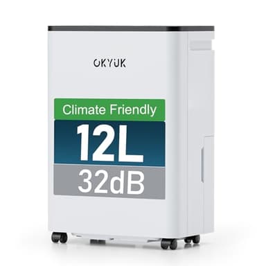 OKYUK Deumidificatore 12 litri/giorno, adatto per ambienti di circa 90 metri cubi (30 metri quadrati), Deumidificatore casa muffa, sbrinamento automatico, 32 dB, refrigerante R290, PD12R-03DE