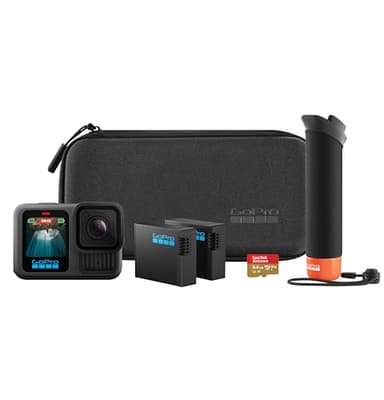 GoPro HERO13 Pacchetto accessori Black: include Handler (impugnatura flottante), 2 batterie Enduro, 2 supporti adesivi curvi, scheda MicroSD SanDisk da 64 GB, custodia per il trasporto e altro ancora