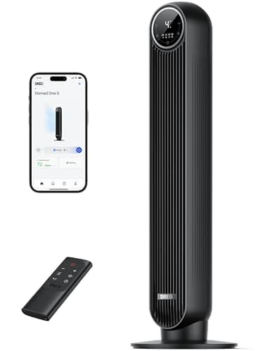 Dreo Ventilatore a Torre Smart Silenzioso, Potente 7.6 m/s, Ventilatori a Colonna con Telecomando, 4 Modalità, 4 Velocità, Oscillazione a 90°, Timer da 1 a 8 ore, Schermo LED, Compatibile con Alexa.