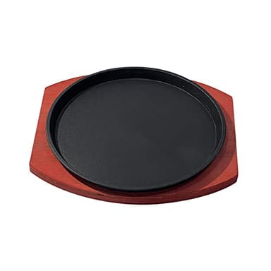 Piatto da Bistecca in ghisa con Base in Legno, Dimensioni Personali, Tondo, sfrigolante, Carne, Padella per grigliate, per Cucina, 23 cm