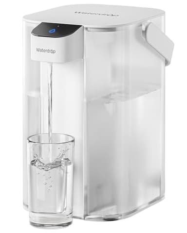 Waterdrop Caraffa filtrante elettrica istantanea con filtro per 3 mesi, sistema di filtraggio dell'acqua da banco da 3,5 l, riduce cloro, piombo, mercurio, riduce PFAS, PFOA/PFOS, 757 litri, bianco