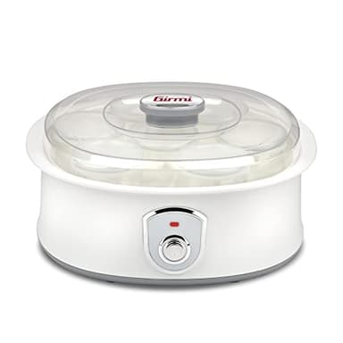 Girmi YG03 Yogurtiera, Temperatura di esercizio 42-50°C, 7 vasetti in vetro da 180 ml, Coperchio trasparente, Bianco