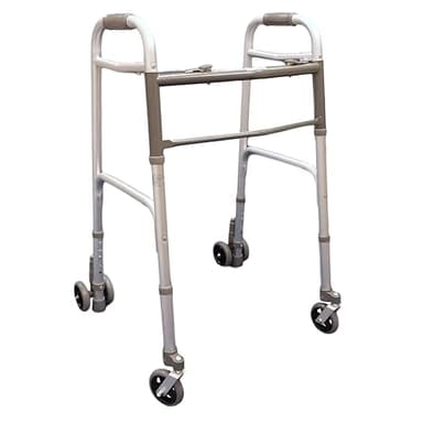 Deambulatore pieghevole, regolabile in altezza con 2 ruote piroettanti e 2 gemellate con sistema di frenata a pressione