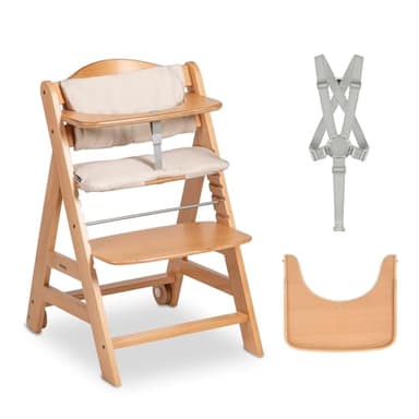hauck Beta+, Naturale - Kit Seggiolone Pappa con Ruote, Vassoio, Barra Protettiva, Cuscino di Seduta, Cintura a 5 Punti e Cinturina Inguinale - per Bambini 6 Mesi fino a 90 kg - Legno di Faggio