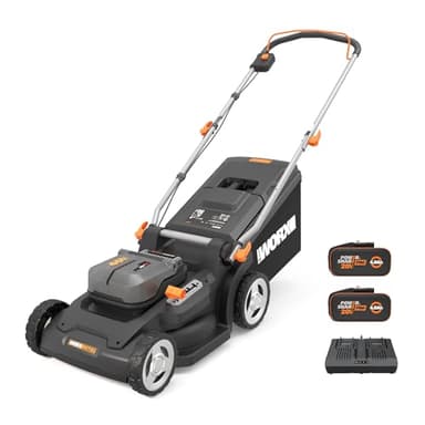 WORX Nitro WG745E, tosaerba a batteria 40V, 2 batterie 20V da 4Ah Pro incluse, superficie massima 600 m², diametro 41 cm, 50 l, taglio fino ai bordi, 6 altezze di taglio, taglio classico