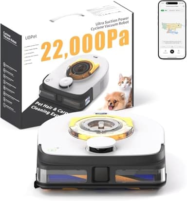 UBPET 22000 Pa Robot Aspirapolvere Peli Animali Domestici su Tappeti e Pavimenti Lavapavimenti a Ciclone, Robot Pulitore con Navigazione LiDAR, Controllo Wi-Fi/App (Bianco grigiastro)