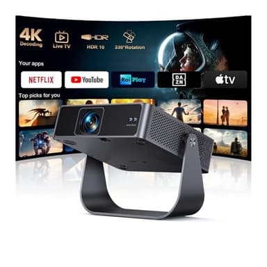 Proiettore Portatile【Smart TV & 1000+ Canali Live】Mini Proiettore 4K Smart TV Compatibile con Netflix, Rotazione 330°, Auto Focus WiFi Bluetooth, 1080P Nativo, Videoproiettore soffitto casa/campeggio
