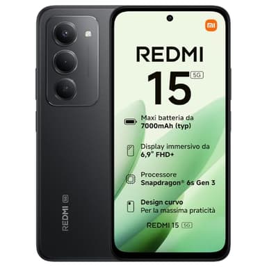 XIAOMI Redmi 15 5G, Smartphone 8+256GB, Display FHD+ da 6,9" 144Hz, Snapdragon® 6s Gen 3, Camera principale da 50MP, 7000mAh, Garanzia di 2 anni, Nero, Caricabatterie non incluso