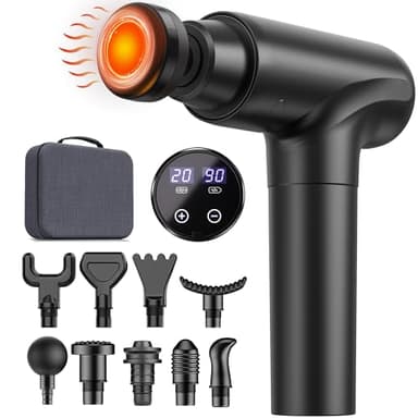 Cotsoco Pistola Massaggio Muscolare con Calore, 20 Velocità e 10 Testine, Massaggiatore a Percussione con Schermo LED Touch, Silenziosa con Borsa da Trasporto