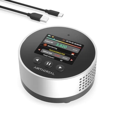 Airthereal Rilevatore di Radon Portatile – Memoria dati 504 giorni, display LCD a colori, risultati rapidi in 6 ore, lunga durata della batteria, allarme acustico e visivo – Versione 2025