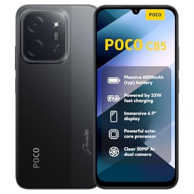 XIAOMI POCO C85, Smartphone 6+128GB, Display 6,9" 120Hz 7,99mm Design, MediaTek Helio G81-Ultra Octa-core, Doppia fotocamera AI da 50MP, 6000mAh, garanzia di 2 anni, Nero, Caricabatteria non incluso