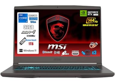 msi Thin 15 Pc Gaming, Notebook Gaming I7-13620H, 16GB RAM, 512Gb SSD, 15.6" FHD 144Hz IPS, GeForce RTX 4050 (6GB GDDR6), Win 11 Home, Tastiera Retroilluminata, Pc Portatile, Laptop Gaming Superior