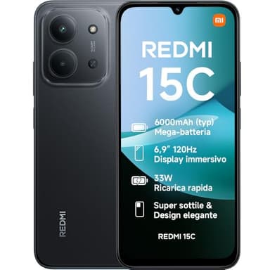 XIAOMI Redmi 15C, Smartphone 4+256GB, Display 6,9" 120Hz, 7,99mm, MediaTek Helio G81-Ultra, Dual camera da 50MP, Mega batteria da 6000mAh, Garanzia 2 anni, Nero, Caricabatterie non incluso