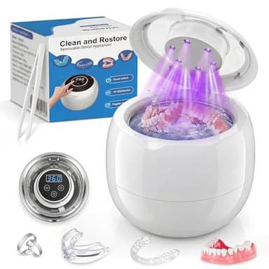 Pulitore ultrasuoni, 45000Hz con 6 luci UV, ultrasonic cleaner ricaricabile con 4 modalità. Per retenitori, protesi, brackets, allineatori, impianti e gioielli in argento