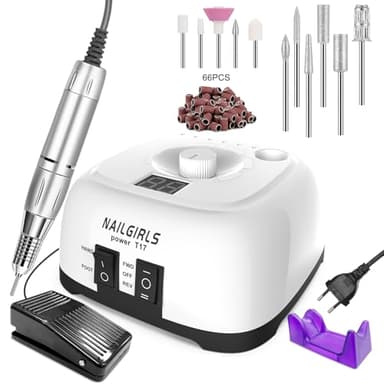 NAILGIRLS Fresa per Unghie Professionale 35000RPM, Fresa Unghie, Lima Per Unghie Elettrica, Lima Unghie Elettrica con LED Intelligente e Modalità Pedale, Portatile per Rimozione Gel/Smalto (Bianco)