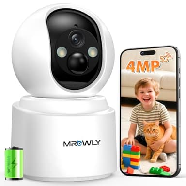 MROWLY 4MP 2,5K Telecamera WiFi Interno Senza Fili con Batteria 6000mAh, Rotazione 360°, Wi-Fi Dual Band 2,4/5 GHz, Rilevamento PIR, Visione Notturna a Colori, Audio Bidirezionale, Senza Forare