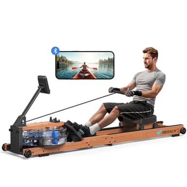 MERACH Vogatore ad Acqua Pieghevole, in legno di gomma e sedile confortevole, con esclusiva mappa interattiva APP, esperienza di canottaggio immersiva, MAX 180 kg (R28)