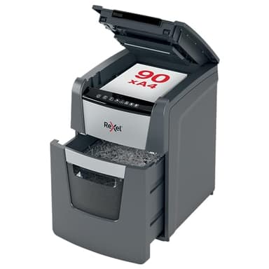 REXEL Optimum Auto Feed+ 90X, Distruggi documenti Automatico, 90-99 Fogli (80-70 gr/mq), Taglio a Frammento, Livello di Sicurezza P-4, per la Casa e per l'Ufficio, Capacità 34 Litri, 2020090XEU
