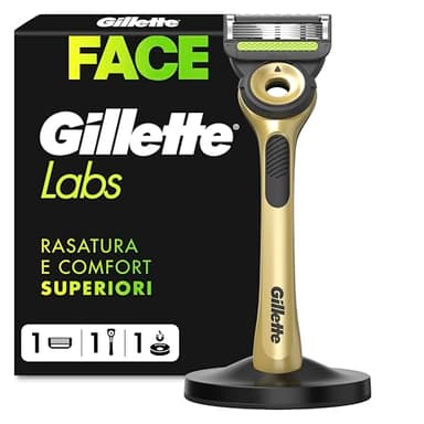 Gillette Labs con Barra Integrata, Rasoio Barba Manuale, 1 Manico, 1 Lamette Gillette di Ricambio, con Base Magnetica, Edizione dei Campioni, Oro, Rasoio Barba e Lamette di Ricambio