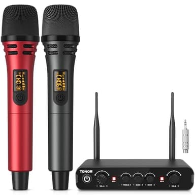 TONOR Microfono Wireless Dinamico, Professionale Sistema di microfoni per Karaoke, UHF Set Mic Senza Fili per DJ, Discorsi, Feste Domestico, Singing, Chiese, Matrimoni, 60M, Grigio&Rosso, TW350