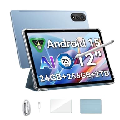 Blackview Mega2 Tablet 12 Pollici Android 15, 24GB RAM+256GB ROM(TF 2TB), 2K FHD IPS Display Gaming Tablet, Dual 4G LTE+5G WiFi,Octa Core T615, 9000 mAh,WideVine L1, Face ID, GPS Con Custodia & Penne