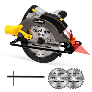 Enventor 1650W Sega Circolare con Guida Laser, Sega Circolare per Legno 5500RPM, Profondità di Taglio 62mm(90°), 46mm(45°), 2 Lame (185mm, 24T+ 40T), Motore in Rame Puro, per Tagliare il Legno