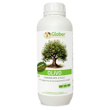 GLOBER Concime Olivo 1 Litro - 1,2 kg Concentrato - Made in Italy - Azoto Fosforo e Potassio Fertilizzante Migliora la Crescita - Fertilizzante Interno ed Esterno - Boro per Ulivo - Nutrienti Olive