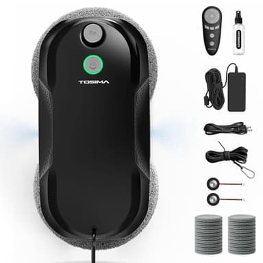 Tosima W5 Pro 6400 Pa Robot Lavavetri, Doppia Spruzzatura ad Ultrasuoni, Pulitore Automatico per Vetri, Telecomando, 20 Panni in Microfibra si attacca a pali telescopici (nero)