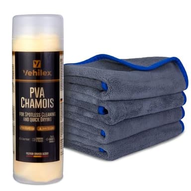 Vehilex | Panno Asciugatura Auto Ultra Assorbente - Set 4x Panni Microfibra 40x40 + 1 Pelle di Daino 66x43-600GSM, No Aloni, Interni-Esterni