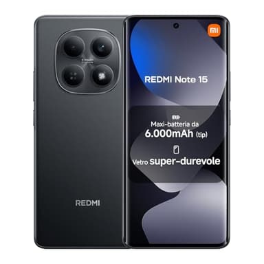 XIAOMI Redmi Note 15, Smartphone 8+256GB, Batteria da 6000 mAh, Resistenza all’acqua, Fotocamera super nitida da 108 MP, Display FHD+ da 6,77", Nero, Garanzia 2 anni, Caricatore non incluso