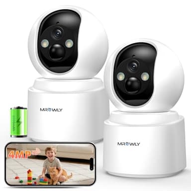 Mrowly 4MP 2.5K Telecamera WiFi Interno Senza Fili con Batteria 6000mAh, 360° Rotazione, 2.4G/5G WiFi, PIR Rilevamento Movimento, Visione Notturna a Colori, Audio Bidirezionale(2 Pezzi)