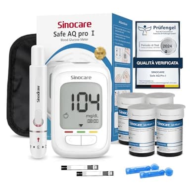 Sinocare Safe AQ Pro I Glucometro Misuratore Glicemia nel Sangue Diabete Test Kit con Strisce in Argento-Carbonio, Alta Precisione, Marcatori Prima/Dopo Pasto con 100 Strisce e Lancatte