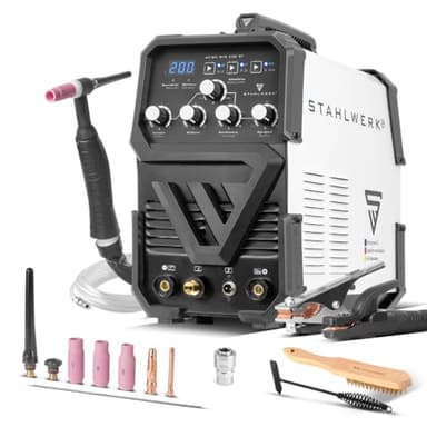 STAHLWERK Saldatrice 2-in-1 combinata AC/DC TIG 200 ST – TIG & MMA (elettrodo) fino a 200 A, innesco HF, Hotstart, Anti-Stick, modalità 2T & 4T, TIG AC per alluminio, tecnologia IGBT