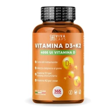 Vitamina d3 k2 mk7 vegana alto dosaggio 365 Micro compresse, Vitamina d3 4000 ui e 200 mcg di Menachinone per sistema immunitario, ossa e denti - Made in italy