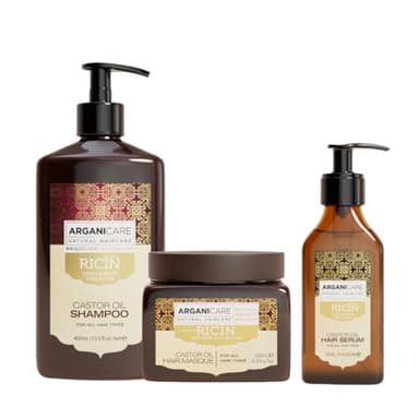 ARGANICARE | Shampoo + Maschera + Siero Ricino | Acceleratore di Crescita | Lenisce la pelle Chevelu | Nutre e rafforza la pelle Chevelu | Capelli forti e lucenti | 400 ml + 500 ml + 100 ml