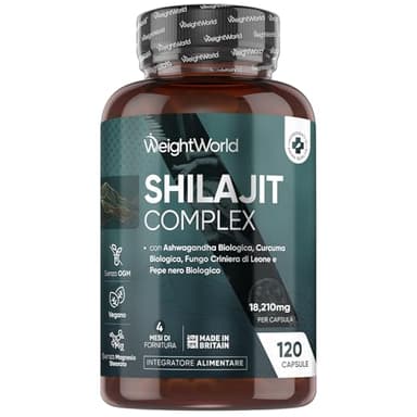 Shilajit Complex 18210mg, 120 Capsule Vegane, 1 al Giorno (per 4 Mesi), con Ashwagandha Bio, Curcuma Bio, Lions Mane Mushroom, Pepe Nero, Shilajit Integratore, Estratto 40:1, Senza Magnesio Stearato