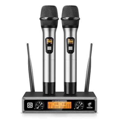 TONOR Microfono radio wireless UHF in metallo, professionale dinamico doppio microfoni senza fili, sistema mic a mano, set per karaoke, feste, DJ, chiesa, matrimonio, riunione, 60m, Argento, TW820
