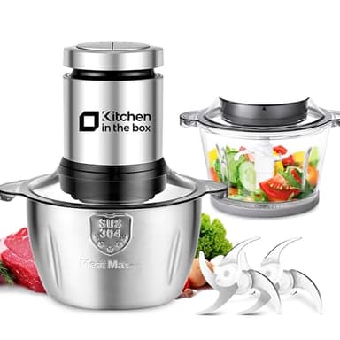 Kitchen in the box Tritatutto con 2 Ciotole(1L+2L),Tritatutto da Cucina Elettrico con 2 Set di 4 Lame in Acciaio inox,Tritatutto Elettrico a 2 Velocità per Verdure,Carne,Frutta Secca,400W