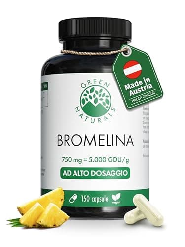 Green Naturals® Bromelina ad alto dosaggio – 750 mg da estratto naturale di ananas (5.000 GDU/g) – Capsule gastroresistenti DR Caps – Vegane & testate in laboratorio – 150 capsule (5 mesi)